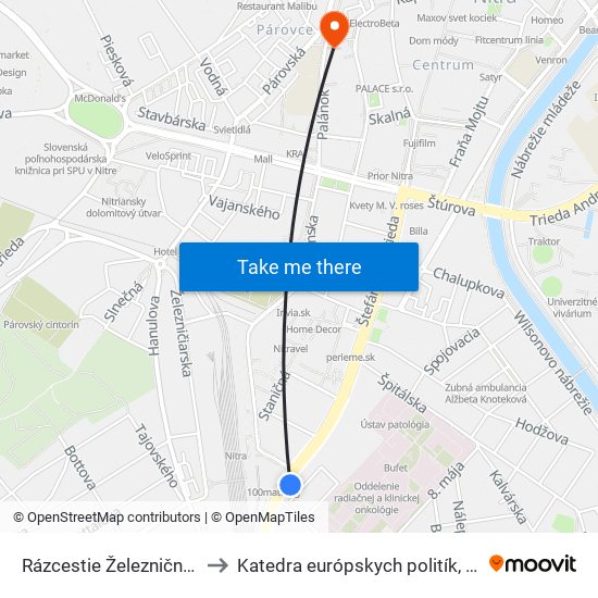 Rázcestie Železničná Stanica to Katedra európskych politík, FEŠRR, SPU map