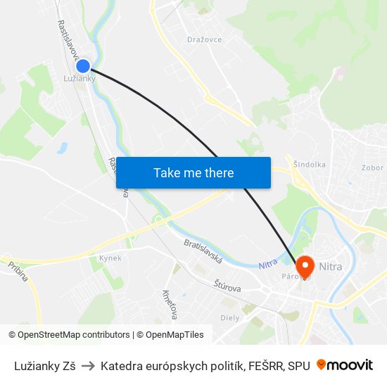 Lužianky Zš to Katedra európskych politík, FEŠRR, SPU map