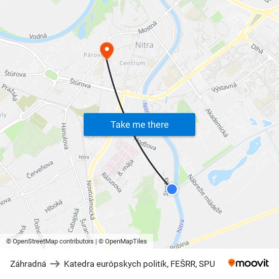 Záhradná to Katedra európskych politík, FEŠRR, SPU map