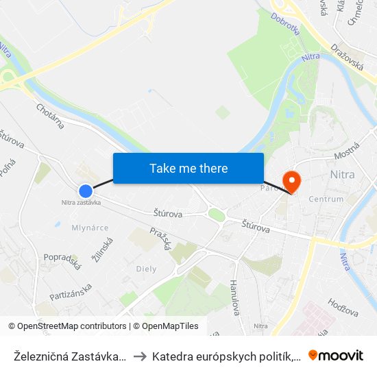 Železničná Zastávka Mlynárce to Katedra európskych politík, FEŠRR, SPU map