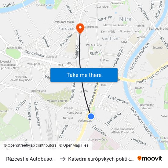 Rázcestie Autobusová Stanica to Katedra európskych politík, FEŠRR, SPU map