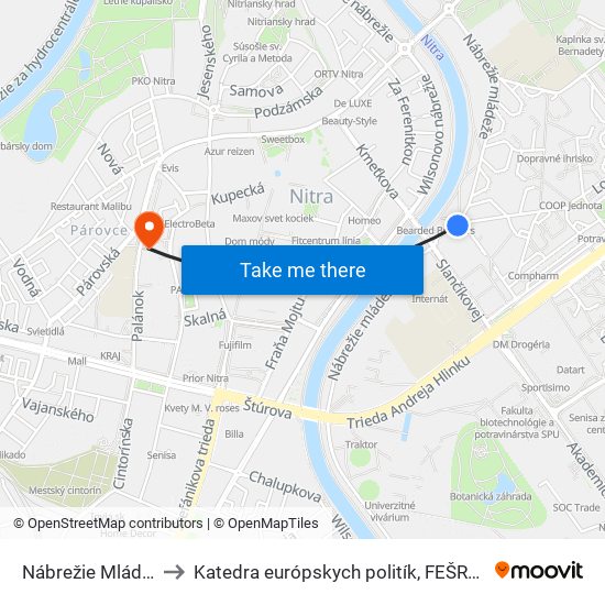 Nábrežie Mládeže to Katedra európskych politík, FEŠRR, SPU map