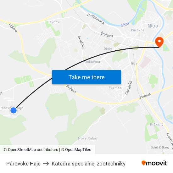 Párovské Háje to Katedra špeciálnej zootechniky map