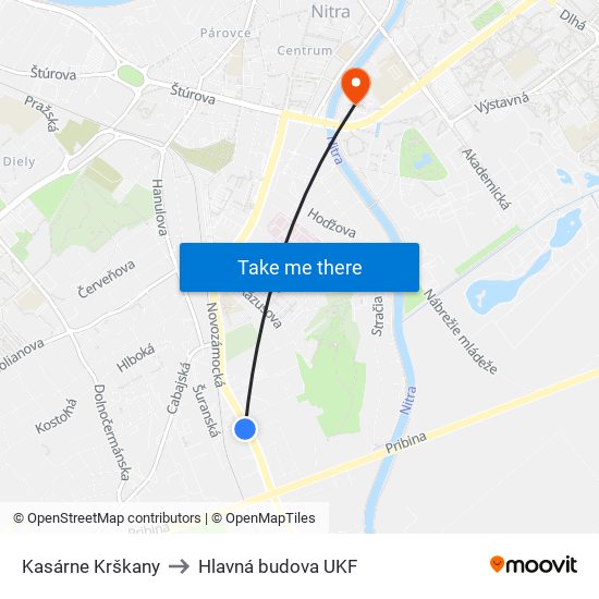 Kasárne Krškany to Hlavná budova UKF map