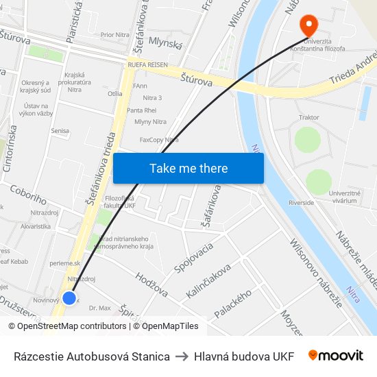 Rázcestie Autobusová Stanica to Hlavná budova UKF map