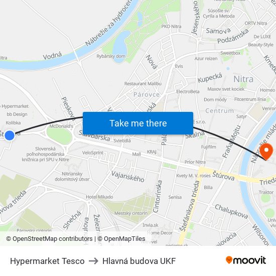 Hypermarket Tesco to Hlavná budova UKF map