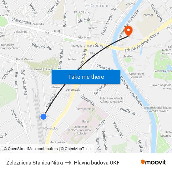 Železničná Stanica Nitra to Hlavná budova UKF map