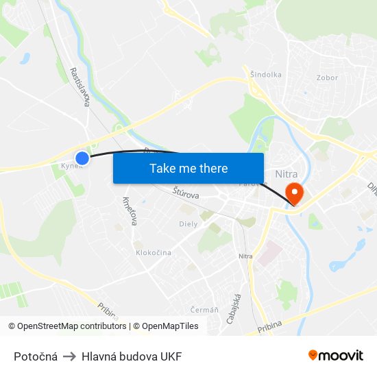 Potočná to Hlavná budova UKF map