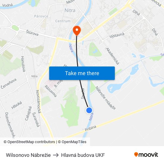 Wilsonovo Nábrežie to Hlavná budova UKF map