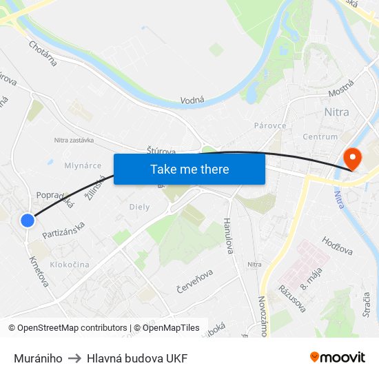 Murániho to Hlavná budova UKF map