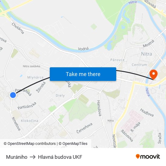 Murániho to Hlavná budova UKF map