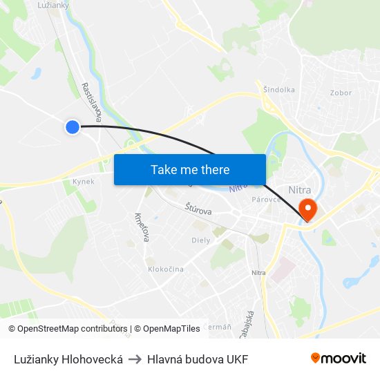 Lužianky Hlohovecká to Hlavná budova UKF map