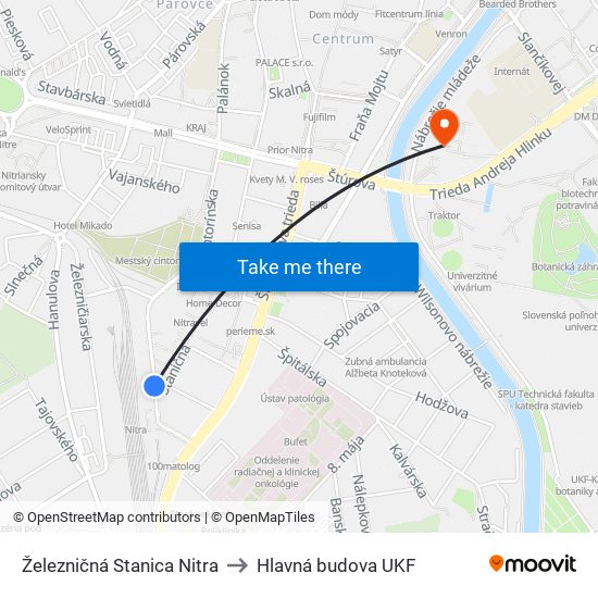 Železničná Stanica Nitra to Hlavná budova UKF map