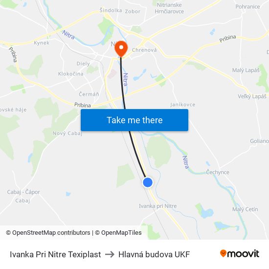 Ivanka Pri Nitre Texiplast to Hlavná budova UKF map