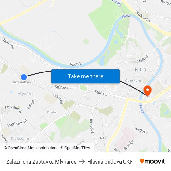 Železničná Zastávka Mlynárce to Hlavná budova UKF map