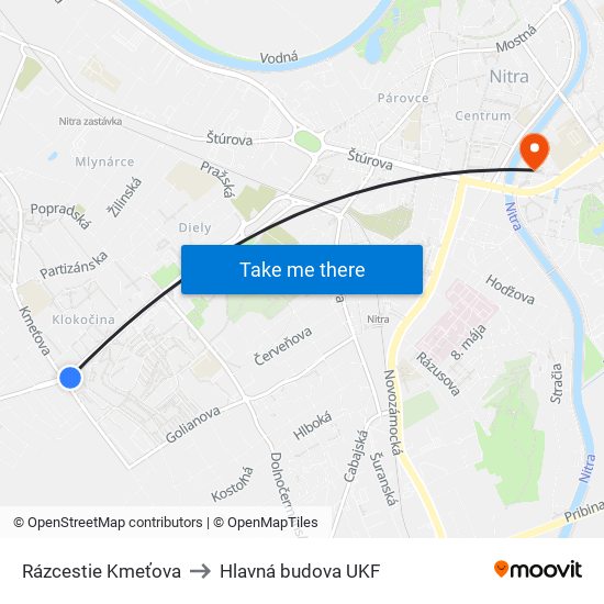 Rázcestie Kmeťova to Hlavná budova UKF map