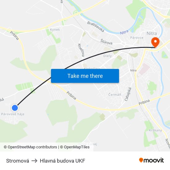 Stromová to Hlavná budova UKF map