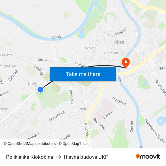 Poliklinika Klokočina to Hlavná budova UKF map