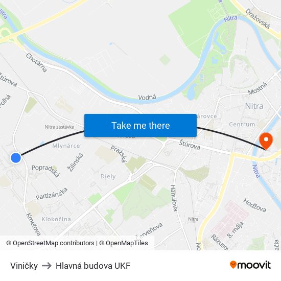 Viničky to Hlavná budova UKF map