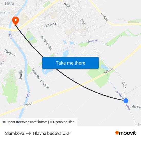 Slamkova to Hlavná budova UKF map