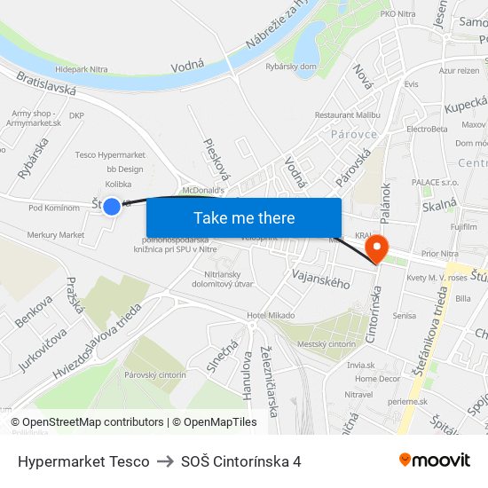 Hypermarket Tesco to SOŠ Cintorínska 4 map