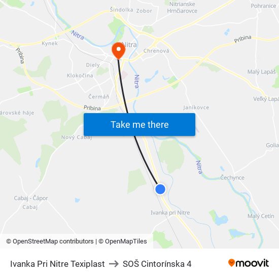 Ivanka Pri Nitre Texiplast to SOŠ Cintorínska 4 map