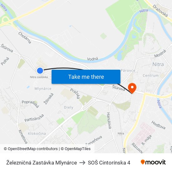 Železničná Zastávka Mlynárce to SOŠ Cintorínska 4 map