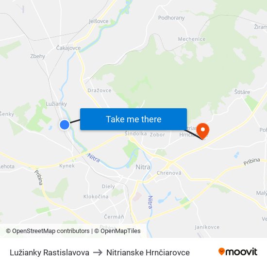 Lužianky Rastislavova to Nitrianske Hrnčiarovce map
