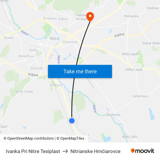 Ivanka Pri Nitre Texiplast to Nitrianske Hrnčiarovce map