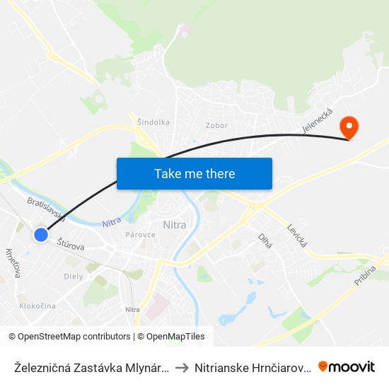 Železničná Zastávka Mlynárce to Nitrianske Hrnčiarovce map