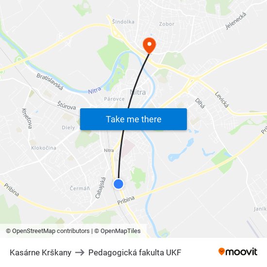 Kasárne Krškany to Pedagogická fakulta UKF map