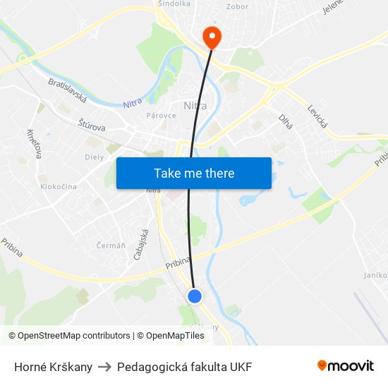 Horné Krškany to Pedagogická fakulta UKF map