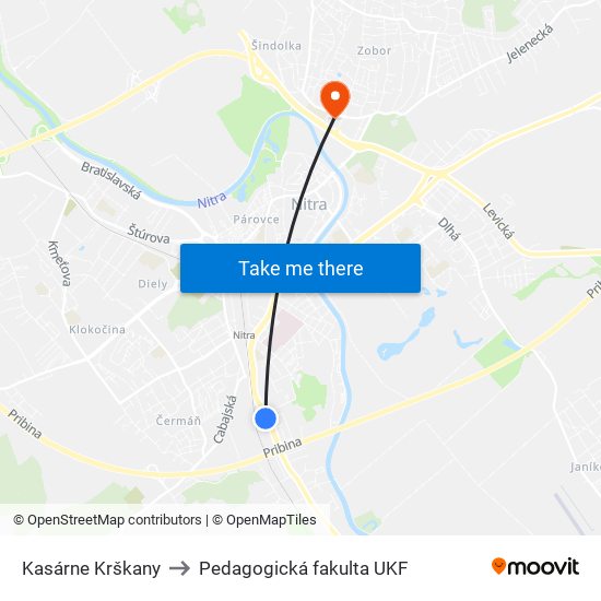 Kasárne Krškany to Pedagogická fakulta UKF map