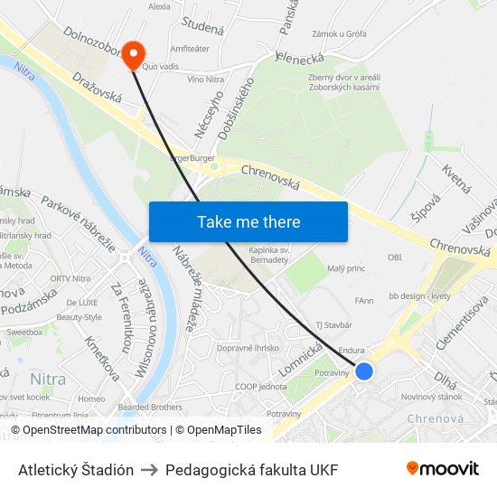 Atletický Štadión to Pedagogická fakulta UKF map