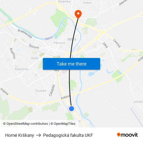 Horné Krškany to Pedagogická fakulta UKF map