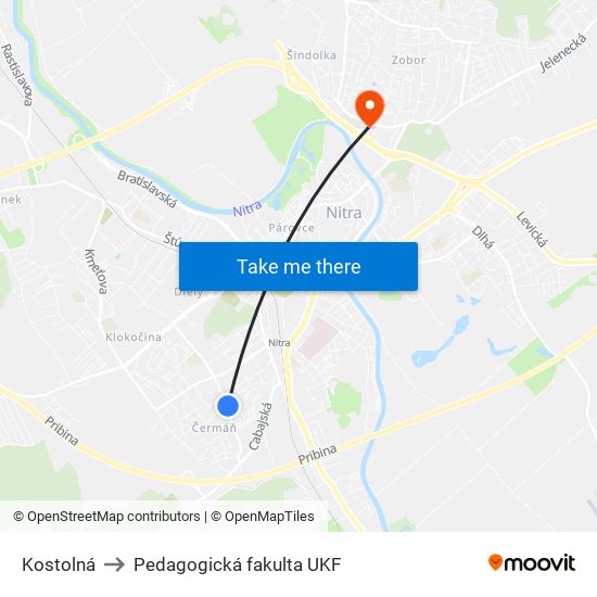 Kostolná to Pedagogická fakulta UKF map