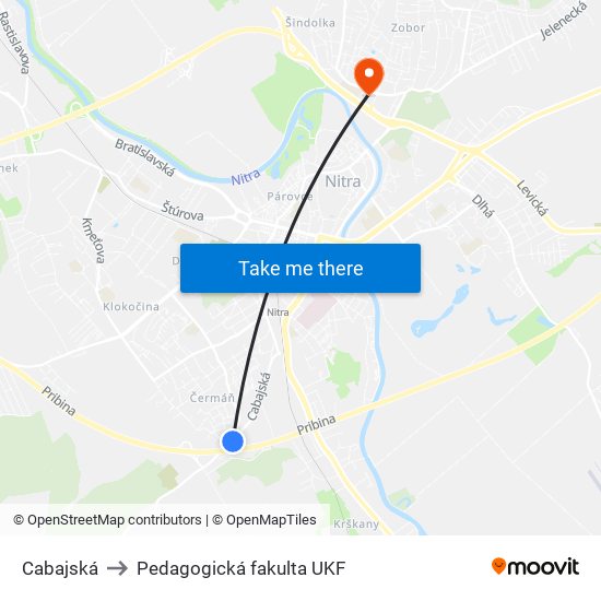 Cabajská to Pedagogická fakulta UKF map