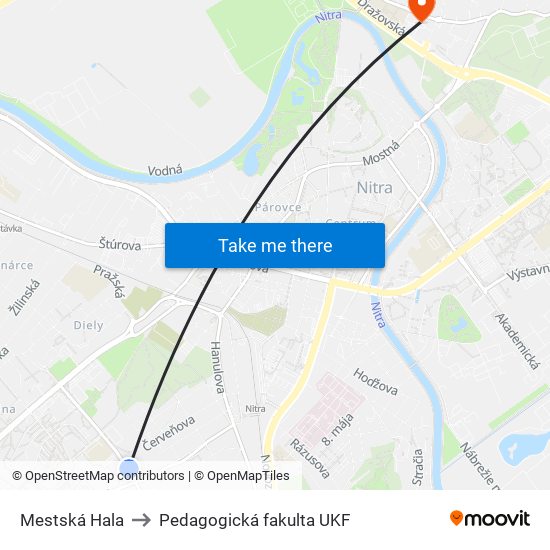 Mestská Hala to Pedagogická fakulta UKF map