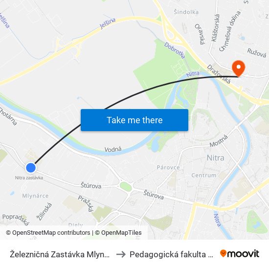 Železničná Zastávka Mlynárce to Pedagogická fakulta UKF map