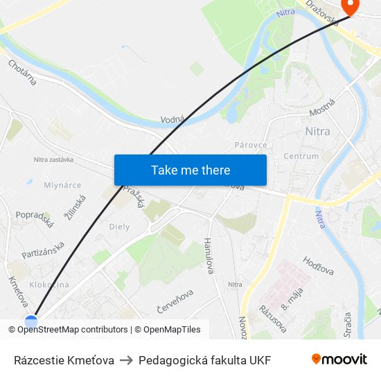 Rázcestie Kmeťova to Pedagogická fakulta UKF map