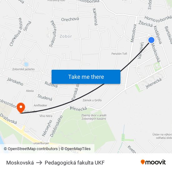 Moskovská to Pedagogická fakulta UKF map