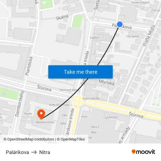 Palárikova to Nitra map