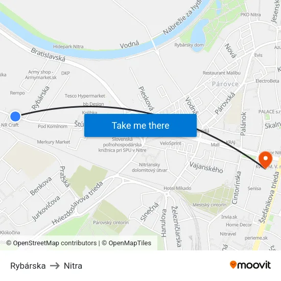 Rybárska to Nitra map