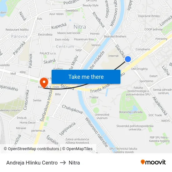 Andreja Hlinku Centro to Nitra map