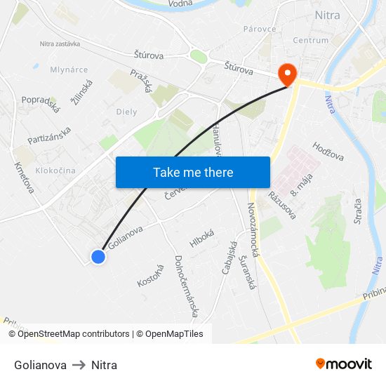 Golianova to Nitra map