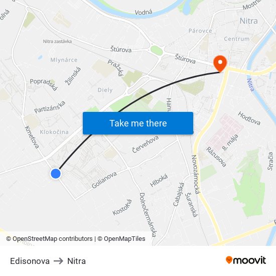 Edisonova to Nitra map