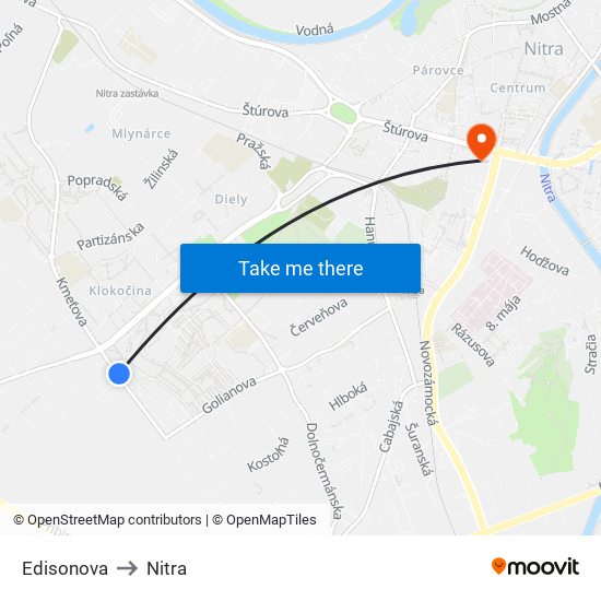 Edisonova to Nitra map