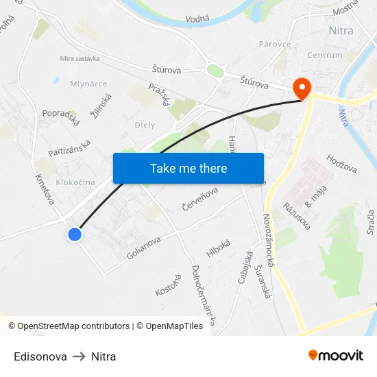 Edisonova to Nitra map