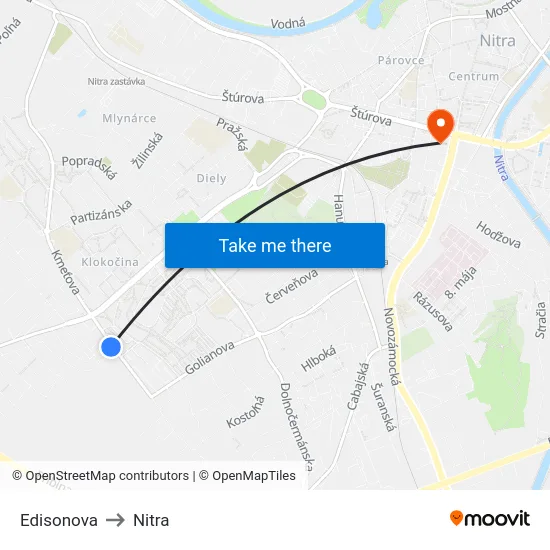 Edisonova to Nitra map