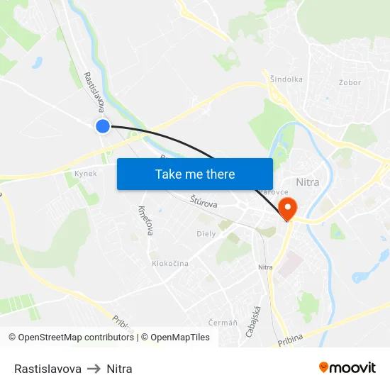 Rastislavova to Nitra map